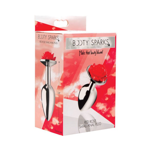 Booty Sparks Red Rose anal plug with smooth aluminum alloy finish and flashing flower design