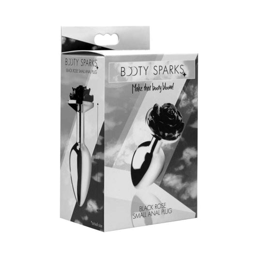 Booty Sparks Black Rose small anal plug with red rose flower and smooth aluminum finish