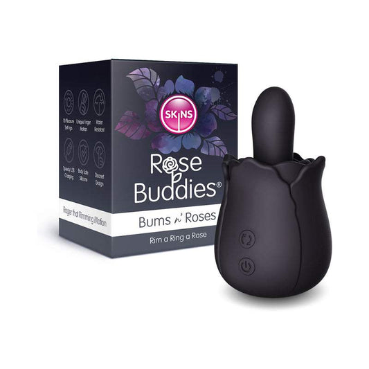 Skins Rose Buddies Bums n' Roses Black rimming toy with vibration and rotation, body safe silicone, water resistant, and USB charging for anal pleasure