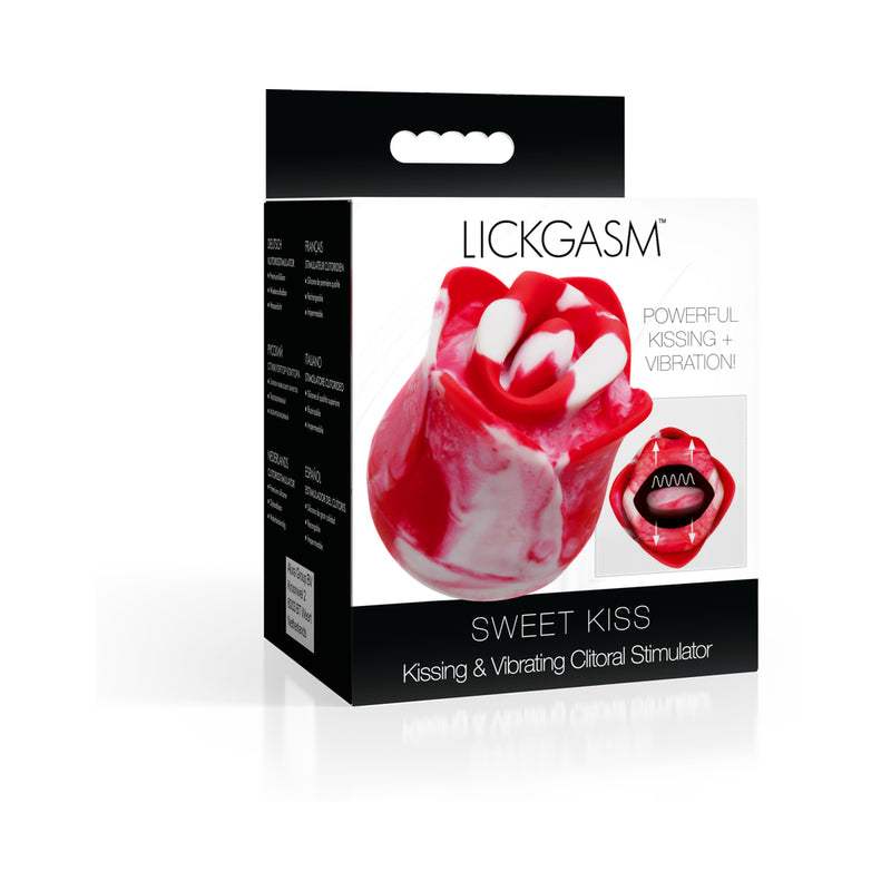 Lickgasm Kissing & Vibrating Rose clitoral stimulator in pink silicone with multiple vibration and kissing modes, compact and waterproof design