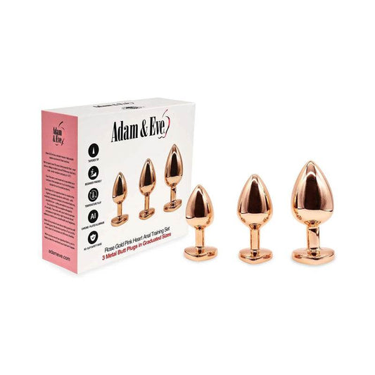 Adam & Eve rose gold pink heart anal plug training set with three sizes and jewel bases