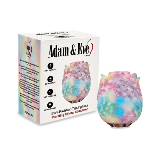 Adam & Eve Eve's Ravishing Rose Rainbow clitoral stimulator with tapping and suction functions, waterproof silicone vibrator