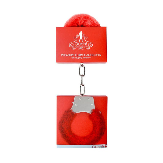 Ouch! Pleasure furry handcuffs with quick-release red and metal design for beginners