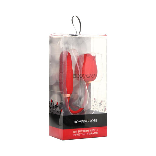 Romping Rose 10X Suction Rose & Thrusting Vibrator in pink silicone with USB recharge and multiple vibration and suction modes