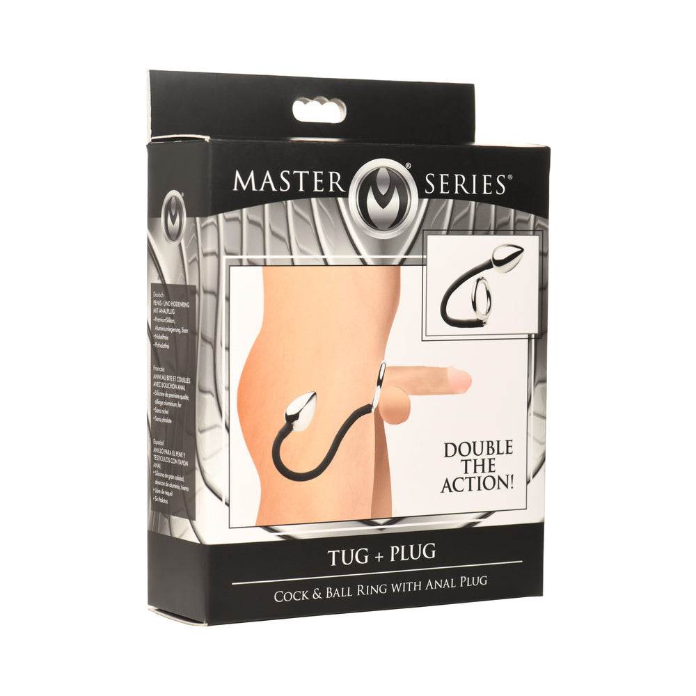 Master Series Tug + Plug cock and ball ring with aluminum anal plug and silicone cord for prostate stimulation