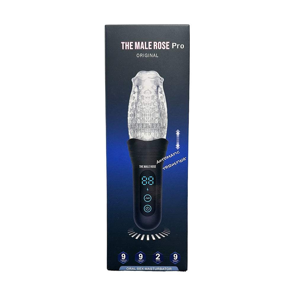 Male Rose Pro rechargeable thrusting vibrating rotating masturbator with mouth-shaped opening and textured sleeve