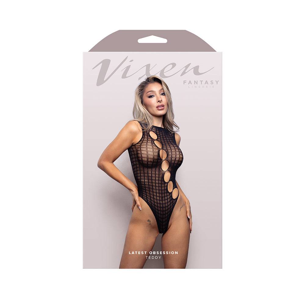 Fantasy Lingerie Vixen Latest Obsession Teddy with Diagonal Rhinestone Accent Cut-Outs Black