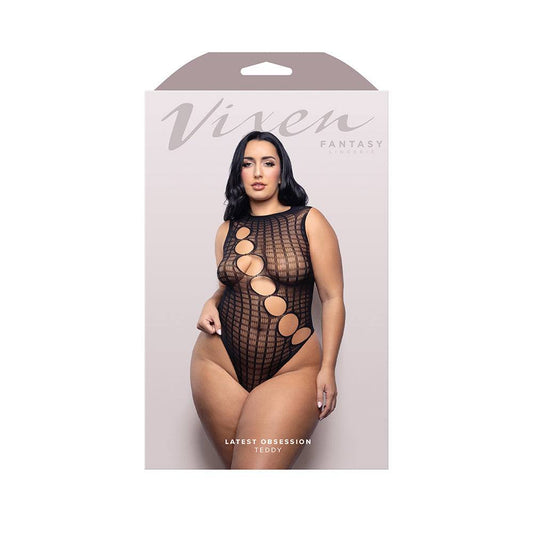 Fantasy Lingerie Vixen Latest Obsession Teddy with Diagonal Rhinestone Accent Cut-Outs Black Queen Size