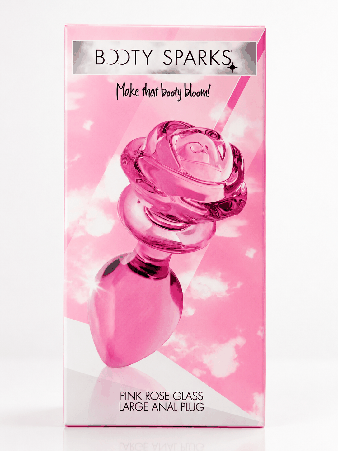 Booty Sparks Pink Rose Glass Large Anal Plug with elegant rose handle and smooth glass design