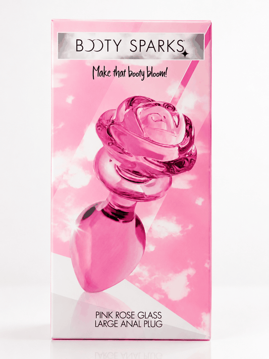 Booty Sparks Pink Rose Glass Large Anal Plug with elegant rose handle and smooth glass design