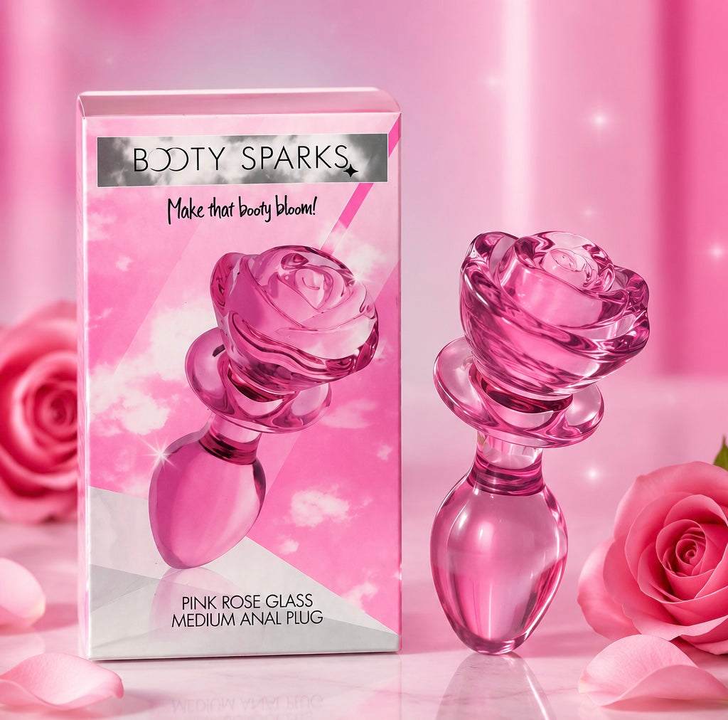 Pink Rose Glass medium anal plug with elegant rose-shaped design and smooth surface